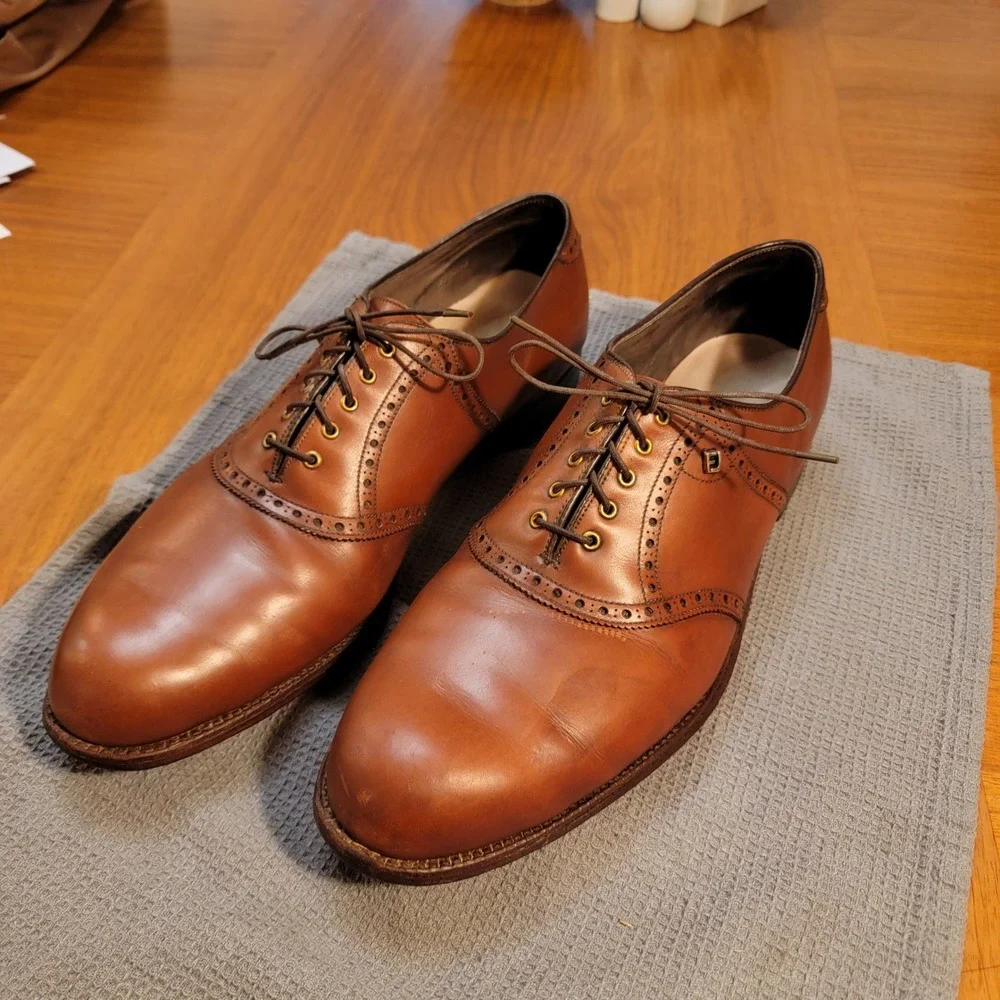 VTG FootJoy Classics 15 B Narrow Brown Leather Saddle Golf Shoe USA Steel Spikes
